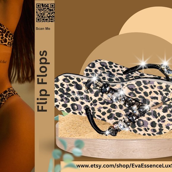 Newly Decorated Leopard Beach Flip Flops, Rhinestones, Shoes, Bridal Sandals - Picture 8 of 16